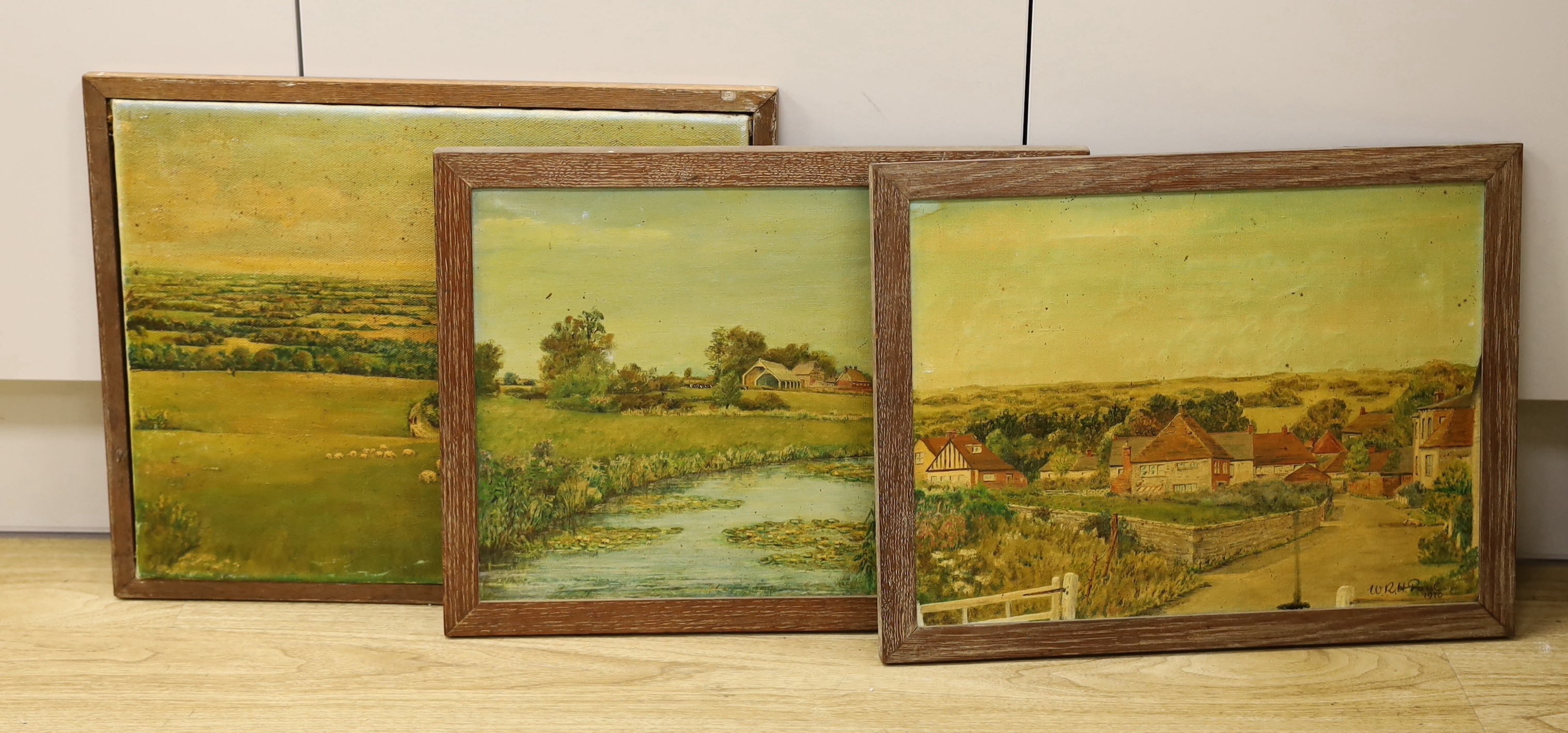 W.R.H Paul, three oils on canvas, Views of Jevington, Polhill Farm and Bowland Prospect near Glynde, signed and dated c.1966, largest 35 x 40cm